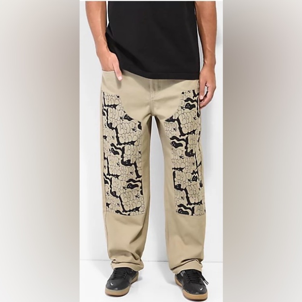 Empyre Relax Men’s Graphic Double Knee Bubble Khaki Skate Pants Sz 34